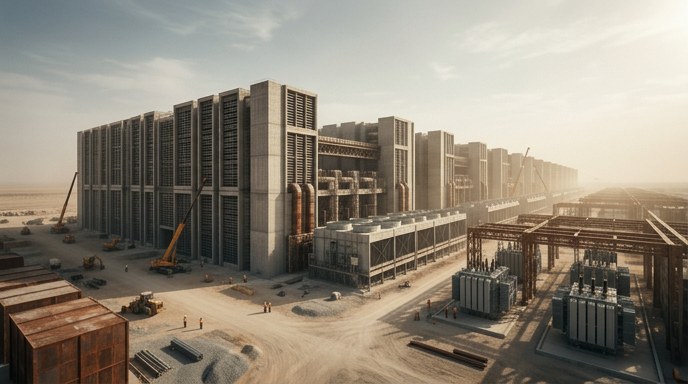 Vista aérea de un enorme centro de datos de IA en construcción bajo un cielo brumoso al atardecer.