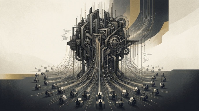 **Alt text (Spanish):**
Una estructura central compleja y mecánica absorbe flujos de datos y código de miles de desarrolladores individuales.