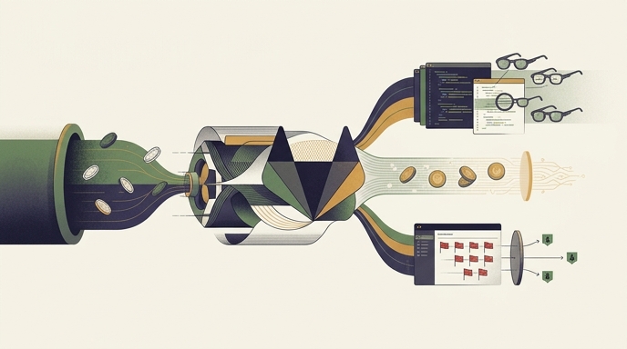 **Alt text (Spanish):**
Una ilustración editorial conceptual de la plataforma Duo Agent, mostrando revisiones de código y detección de vulnerabilidades impulsadas por IA.