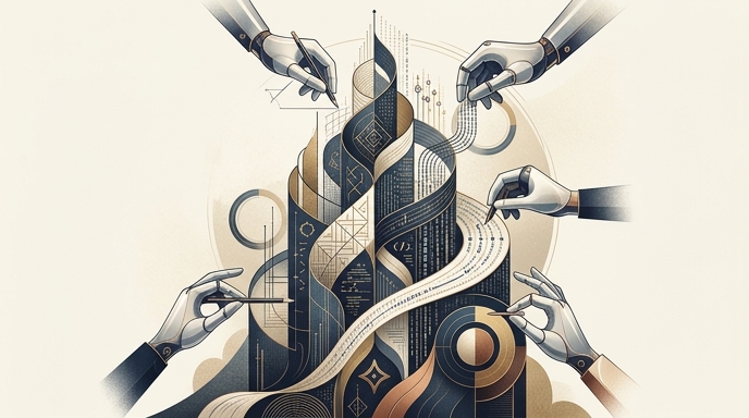 Ilustración editorial de estilo vectorizado que muestra varias manos robóticas colaborando para construir una estructura arquitectónica abstracta y compleja hecha de código y formas geométricas.