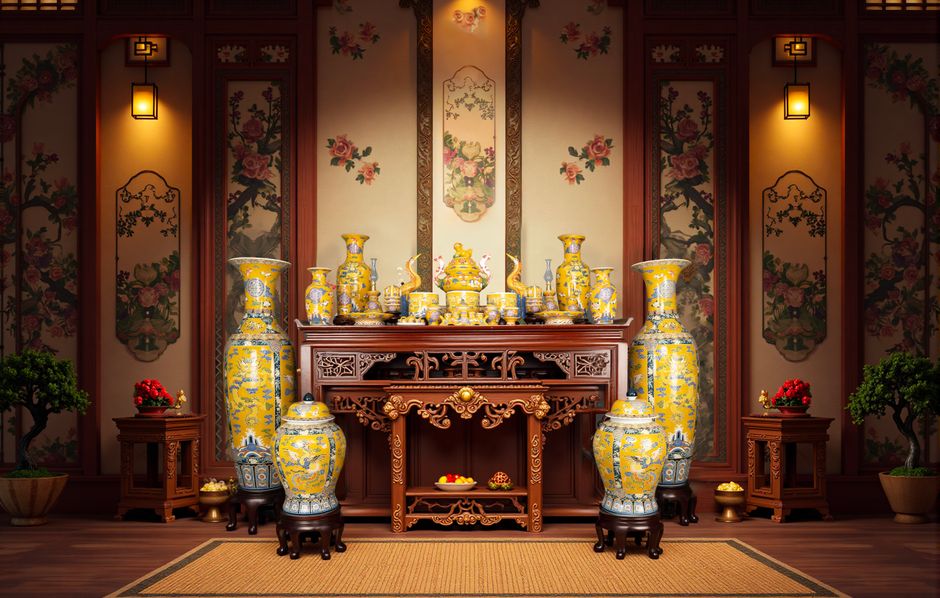 Interior bellamente decorado que presenta porcelanas chinas tradicionales y muebles de madera.