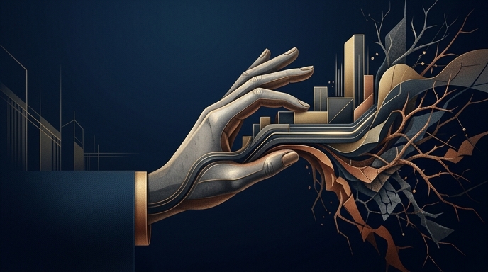 Una mano mecánica y orgánica que cultiva gráficos dorados y raíces caóticas sobre un fondo oscuro.