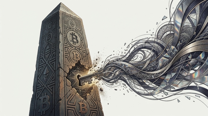 Un obelisco de piedra con símbolos de Bitcoin se agrieta cuando una llave de energía cuántica se inserta en su cerradura.
