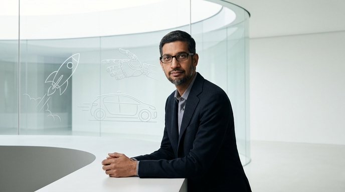 Sundar Pichai, CEO de Google, reflexiona sobre inversiones en IA y tecnología avanzada, visualizadas como sutiles iconos de cohetes y robótica en el fondo.