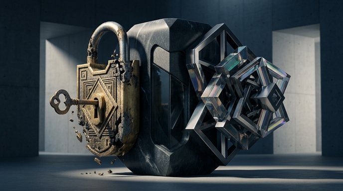 Ilustración editorial mostrando un candado clásico que se desmorona frente a una estructura geométrica compleja y sólida.