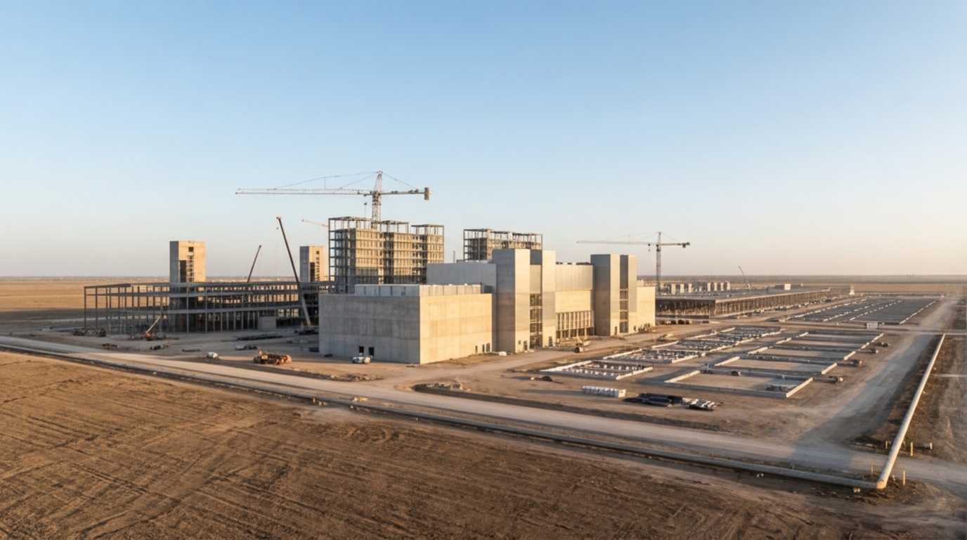 Construcción de un enorme centro de datos en un paisaje llano y árido bajo un cielo despejado.