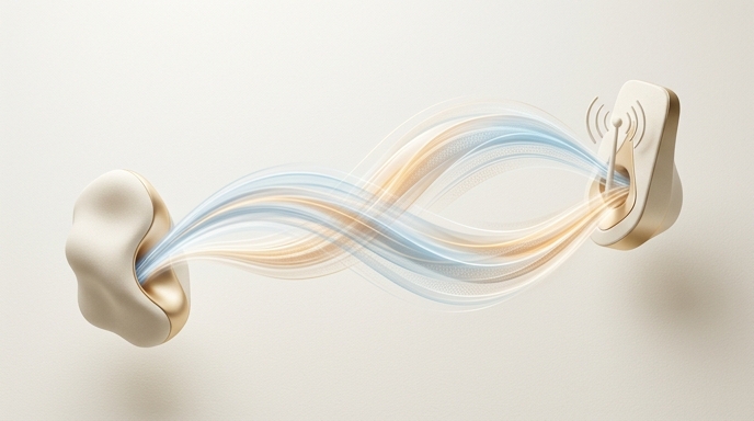 Ilustración editorial elegante que representa una voz orgánica (izquierda) transmitiendo ondas de sonido a un dispositivo digital (derecha).