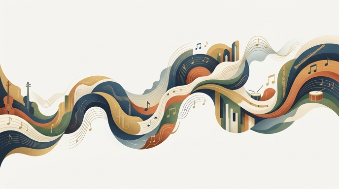 Ilustración abstracta de ondas sonoras de colores con instrumentos musicales y notas para representar la IA generativa de música Lyria 3 Pro.