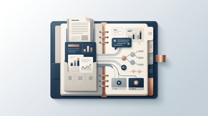 Un cuaderno digital abierto que organiza documentos, gráficos de chat, mapas mentales y archivos multimedia.