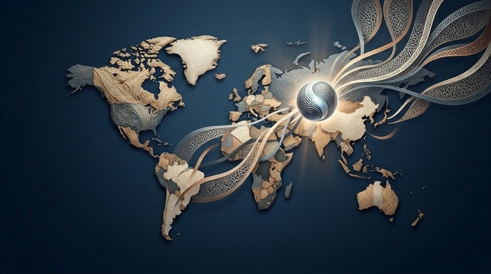 Mapa mundial texturizado con cintas fluidas y un nodo central brillante, que simboliza la red de IA global.