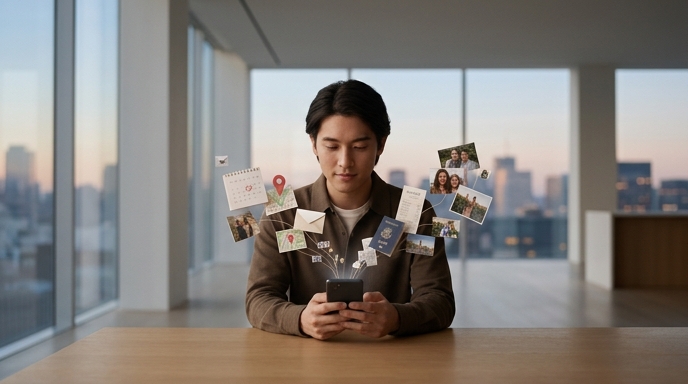 Un hombre usando un móvil rodeado de iconos de Gmail, Maps y Fotos, simbolizando la nueva IA de búsqueda personalizada de Google.
