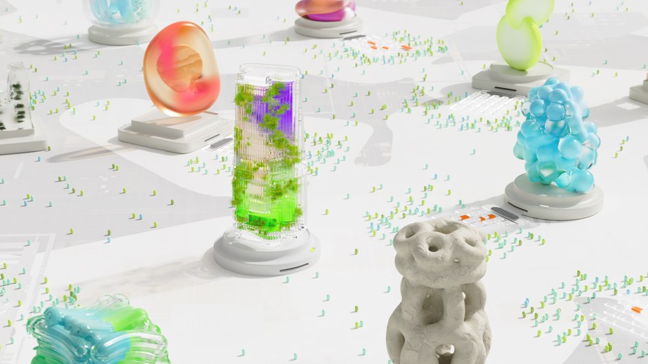 Renderizado 3D vibrante y futurista con formas abstractas y temas de IA.