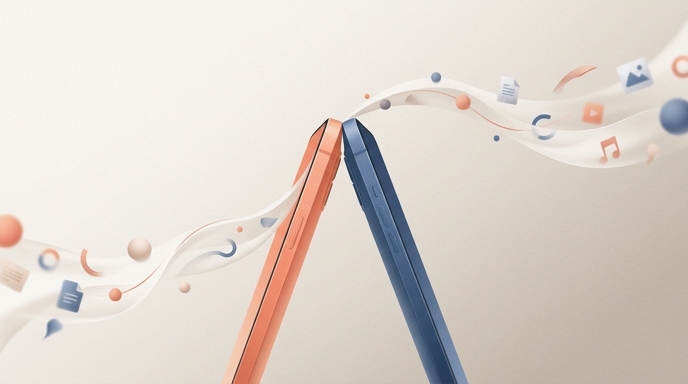 Dos teléfonos se tocan en la parte superior, intercambiando iconos de archivos multimedia a través de una onda abstracta y fluida.