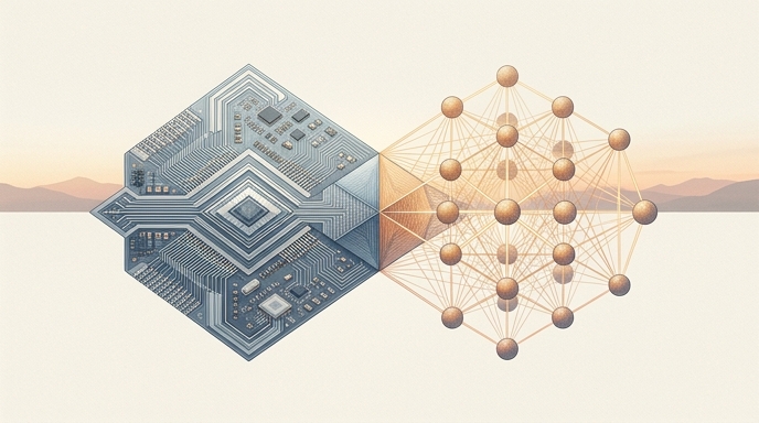 Ilustración de un chip superconductor fusionándose con una red de átomos neutros, representando el nuevo enfoque dual de Google en computación cuántica.