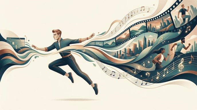 Un personaje estilizado salta hacia adelante con una corriente elegante de formas y líneas musicales que representan la creación de video AI.