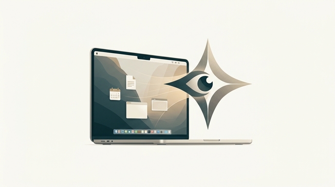 Ilustración minimalista de un MacBook junto al logo de Gemini transformado en un ojo que observa la pantalla.
