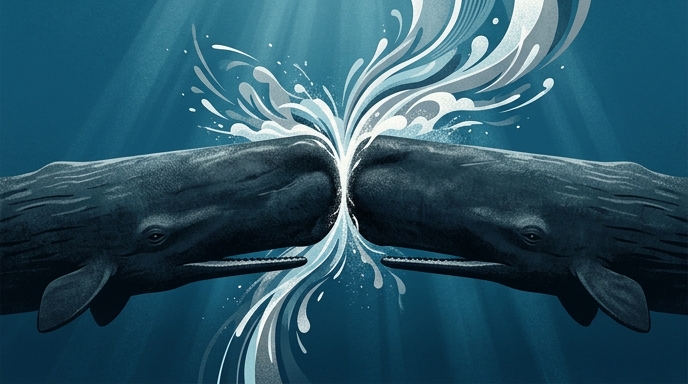 Ilustración editorial que muestra a dos cachalotes chocando de frente, con salpicaduras de agua en un estilo artístico.