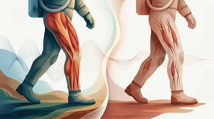 Ilustración de las piernas de un astronauta mostrando atrofia muscular por la baja gravedad de Marte.