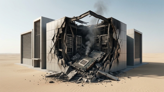 Un centro de datos moderno en el desierto, destruido y con humo, simbolizando los ataques a la infraestructura de IA.