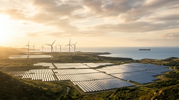 Un campo de paneles solares y turbinas eólicas en una costa al atardecer, con un petrolero en el horizonte.