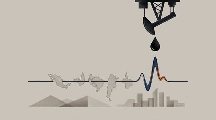 Ilustración editorial que muestra un pico inflacionario causado por una gota de petróleo sobre mapas de Latinoamérica.