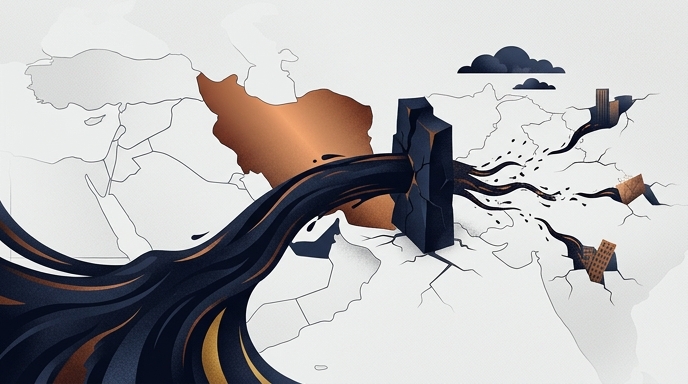 Ilustración de un flujo de petróleo desde Irán bloqueado por un muro, provocando grietas económicas globales.