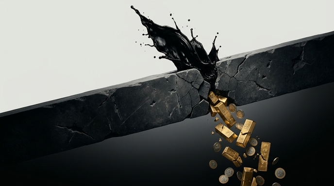 Un chorro de petróleo y una cascada de lingotes de oro brotan de una grieta en una barra de piedra negra.