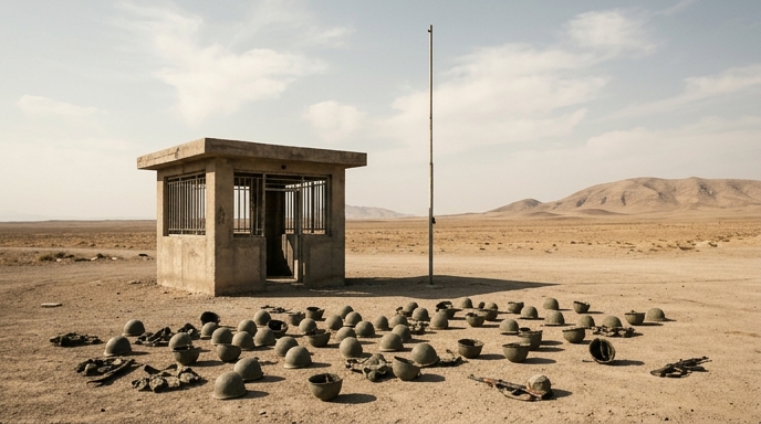 Un puesto militar iraní abandonado en el desierto, con docenas de cascos y equipo descartados en el suelo.