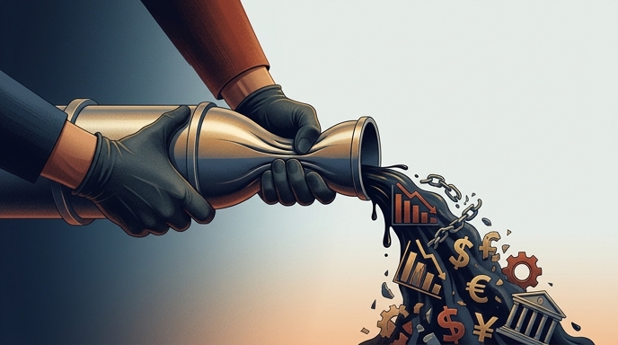 «Una ilustración editorial muestra unas manos estrangulando una tubería de metal, de la cual brota petróleo derramado que arrastra gráficos económicos en declive y símbolos de divisas globales».