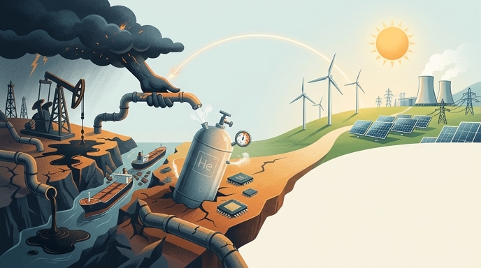Ilustración editorial que muestra la transición energética global: a la izquierda, la crisis con petróleo, un tanque de helio bloqueado y guerra; a la derecha, un futuro limpio con energía solar y eólica bajo el sol.