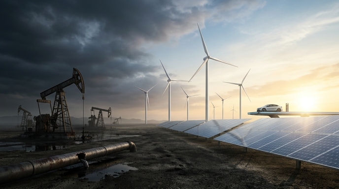 Un paisaje dividido: a la izquierda, la contaminación de la industria petrolera; a la derecha, el sol ilumina la energía limpia del futuro.
