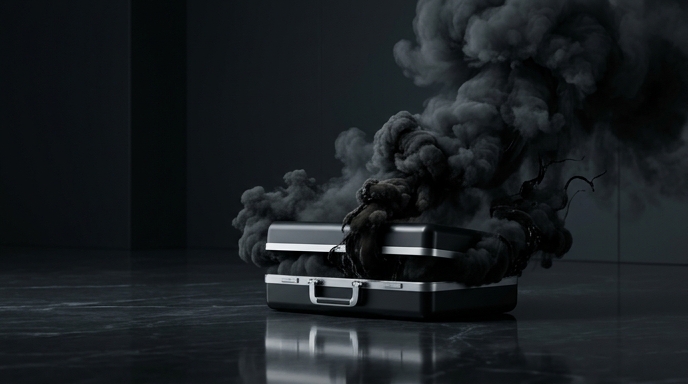 Un maletín de metal oscuro entreabierto, emanando densas columnas de humo negro, simbolizando los productos dañinos del tabaco.