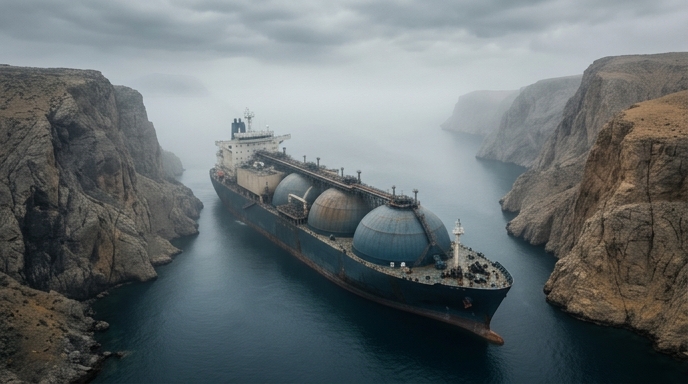 Un buque cisterna que transporta gas licuado está varado en un cañón estrecho y brumoso, bloqueando el paso.