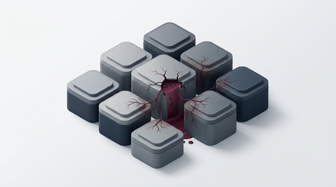 Ilustración de contenedores de software interconectados, uno de ellos agrietado, derramando una sustancia oscura y ramificada hacia otros contenedores.