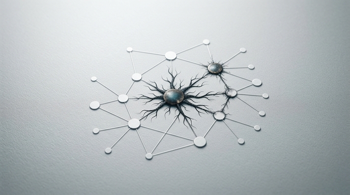 Ilustración de una red de nodos donde uno central está oscurecido y extiende zarcillos oscuros que contaminan a los demás, simbolizando la infiltración en la cadena de suministro.