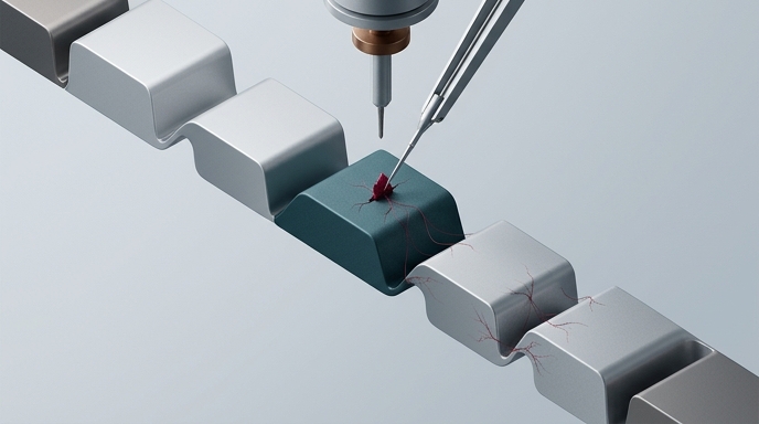 Inyección de un componente malicioso en una línea de montaje de bloques digitales, representando el ataque a Axios.