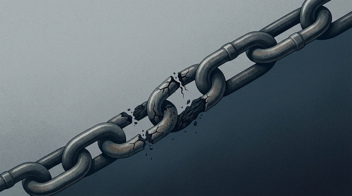 Una cadena de metal con un eslabón central rompiéndose en pedazos sobre un fondo de gradiente gris.