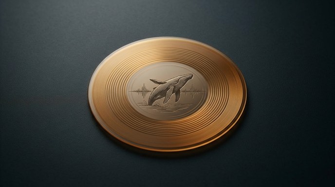 Disco fonográfico dorado con grabados de ballena jorobada y ondas sonoras, sobre fondo oscuro minimalista.