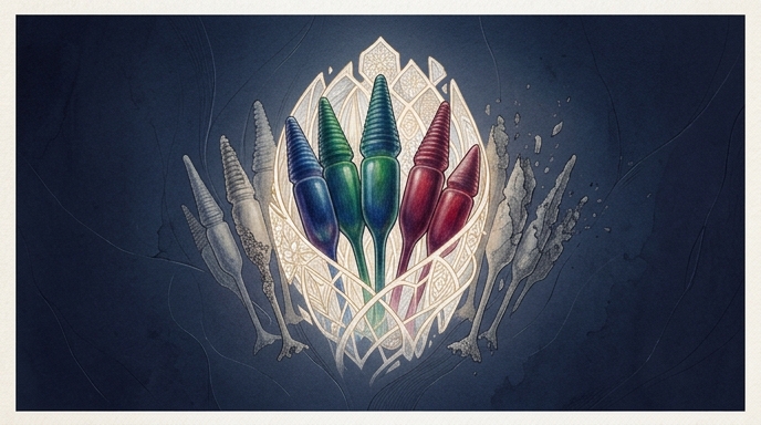 «Ilustración de conos retinianos vibrantes y saludables protegidos dentro de un escudo intrincado, mientras que los conos exteriores se desintegran y pierden color sobre un fondo azul oscuro texturizado».