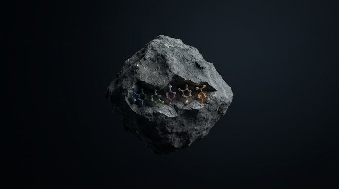 **Alt text**: Imagen conceptual de un asteroide gris oscuro con cinco estructuras moleculares distintas incrustadas en su interior, sobre un fondo oscuro.