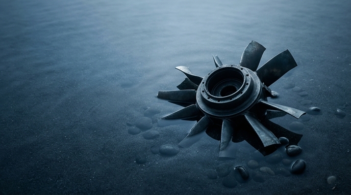 Un componente mecánico de un helicóptero yace sumergido en aguas poco profundas, simbolizando el trágico accidente.