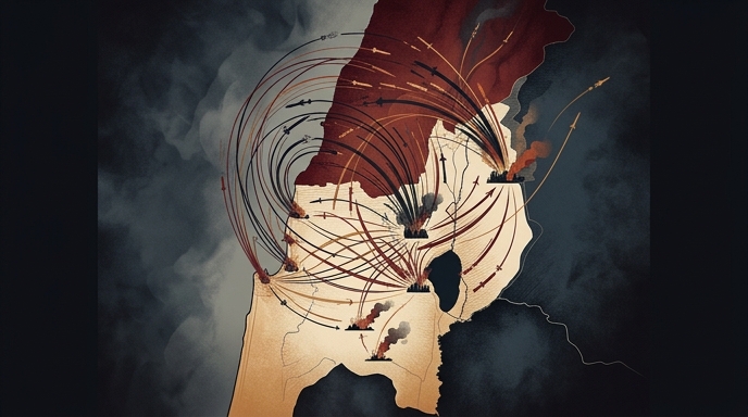Mapa ilustrado de Oriente Medio mostrando líneas de misiles cruzando fronteras y explosiones en tierra, representando el conflicto.