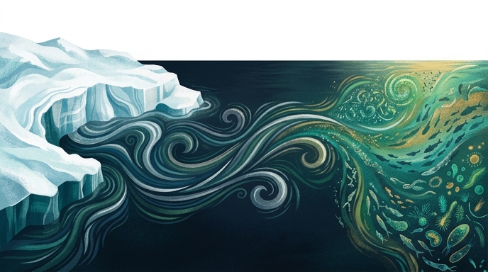Ilustración de estilo editorial que muestra una corriente oceánica fluyendo desde glaciares hacia aguas repletas de vida marina.