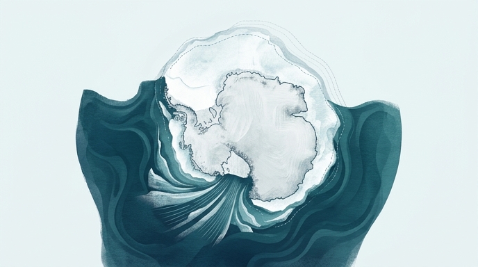 Ilustración editorial minimalista en tonos azules y blancos que muestra el contorno del continente antártico y las fluctuaciones del hielo marino.
