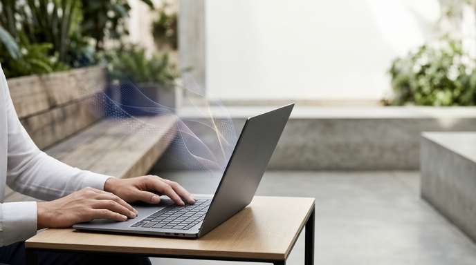 «Primer plano de un empleado utilizando un portátil HP en un entorno de trabajo híbrido con flujos de luz abstracta.»