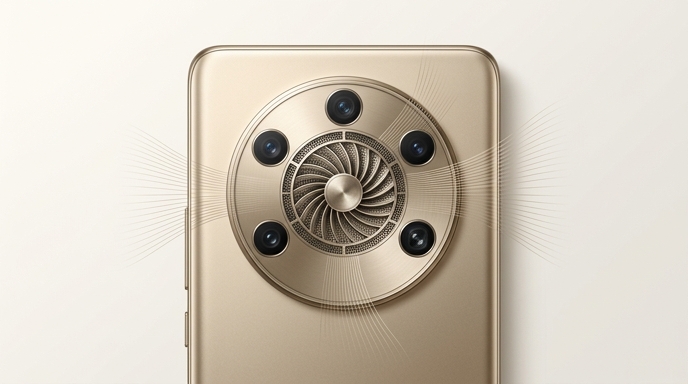 Un primer plano del diseño de la cámara trasera de un teléfono dorado con un ventilador de refrigeración central.