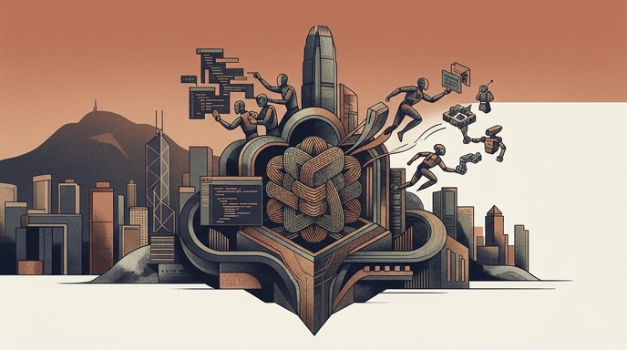Ilustración de la silueta de Hong Kong con figuras robóticas que interactúan con códigos y datos, representando la IA.