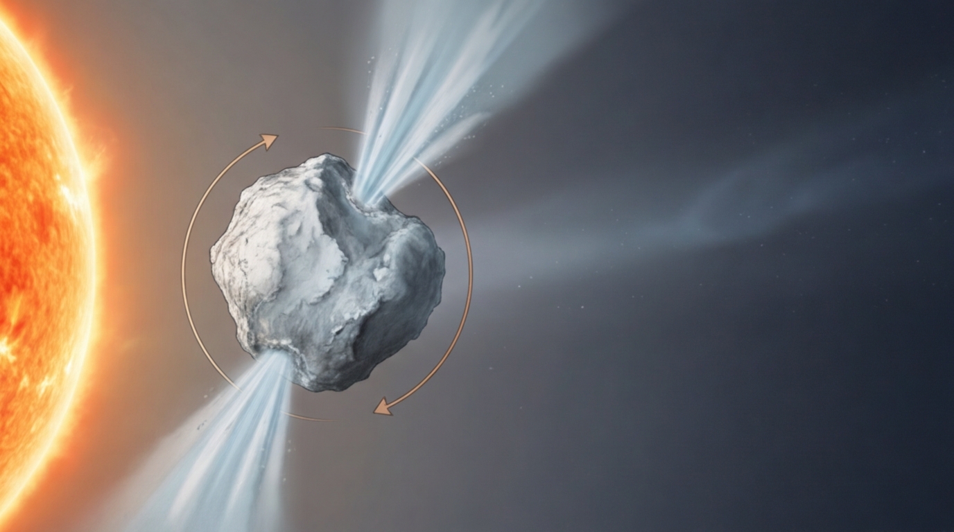 **Alt Text:** Ilustración editorial de un cometa irregular cerca del Sol, mostrando chorros de gas que frenan y revierten su rotación.