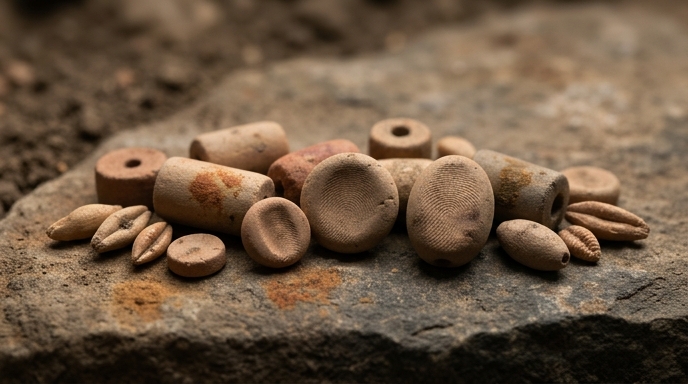 Acercamiento macro a cuentas de arcilla antiguas mostrando huellas dactilares de niños y adultos.