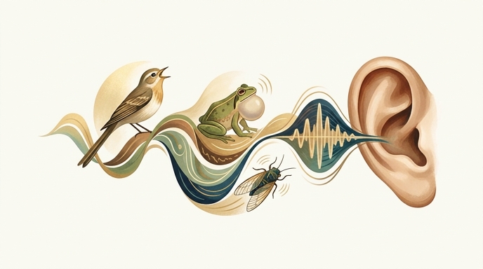 Ilustración de una oreja humana que percibe ondas sonoras con sonidos de pájaros, ranas e insectos.